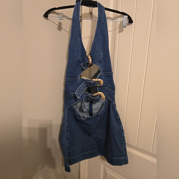 NWT Commense Halter Denim Mini Dress with Buckle Detail Medium Y2k Cult G Gold - Picture 5 of 7